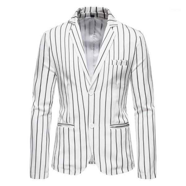 men white striped suit jacket men single breasted two button slim fit blazer1, White;black